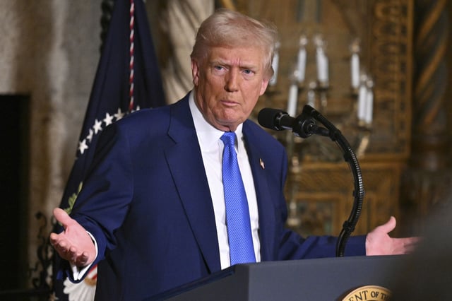 President Donald Trump speaks at Mar-a-Lago in Palm Beach, Fla., Tuesday, Feb. 18, 2025.