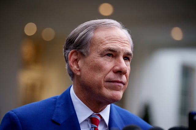 Gov. Greg Abbott (R-TX) takes a question from a reporter outside the West Wing after meeting with U.S. President Donald Trump at the White House on February 5, 2025 in Washington, DC.