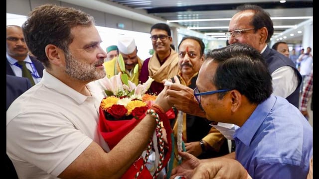 Leader of Opposition in the Lok Sabha Rahul Gandhi being welcomed by Congress leaders and supporters on his arrival in his parliamentary constituency Rae Bareli, Thursday. (PTI Photo)