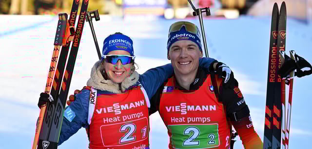 Glücklich über Platz drei: Franziska Preuß und Teamkollege Justus Strelow