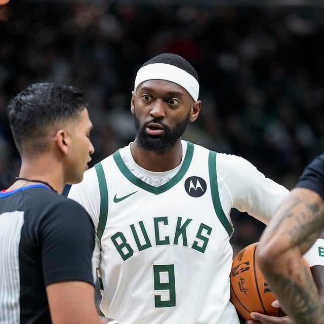 Milwaukee Bucks' Bobby Portis Jr. (9) talks with official Suyash Mehta during the first half of an NBA basketball game Monday, Feb. 10, 2025, in Milwaukee. (AP Photo/Andy Manis)
