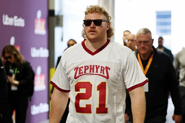 Feb 9, 2025; New Orleans, LA, USA; Philadelphia Eagles center Cam Jurgens (51) arrives before Super Bowl LIX at Caesars Superdome. Mandatory Credit: Stephen Lew-Imagn Images/File Photo
