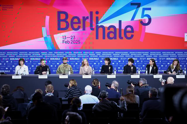 Cast members Olha Bryhynets and Borys Khovriak, Producers Olha Bregman and Natalia Libet, Cinematographer Oleksandr Roshchyn, Editor Nikon Romanchenko and Executive Producer Zoya Lytvyn attend a press conference to promote the documentary film 'Timestamp' at the 75th Berlinale International Film Festival in Berlin, Germany February 20, 2025. REUTERS/Nadja Wohlleben