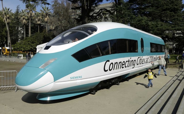 U.S. Sec. of Transportation Sean Duffy announced plans on Feb. 20, 2025 to audit federal funding for California&#39;s high-speed rail project. This Feb. 26, 2015 file photo shows a full-scale mock-up of a high-speed train, displayed at the Capitol in Sacramento, Calif. (AP Photo/Rich Pedroncelli, file)