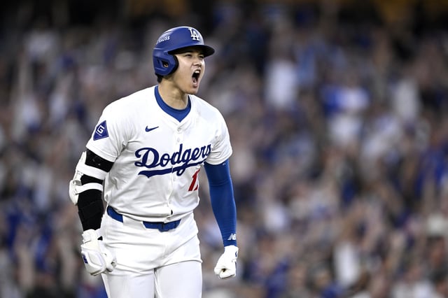 Shohei Ohtani #17 of the Los Angeles Dodgers celebrates a three run home run during the second inning against the San Diego Padres in Game One of the Division Series at Dodger Stadium on October 05, 2024 in Los Angeles, California.