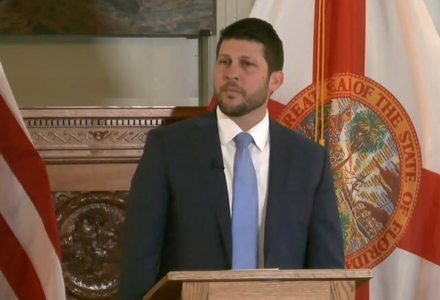 James Uthmeier, formerly Gov. Ron DeSantis’ chief of staff, speaks after being sworn in as Florida’s new attorney general in Tallahassee on Monday. (The Florida Channel)