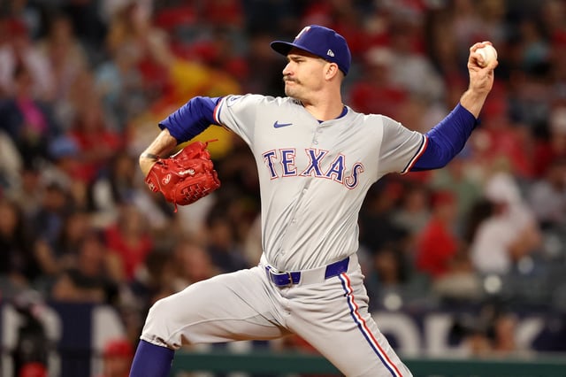 Sep 28, 2024; Anaheim, California, USA;  Texas Rangers starting pitcher Andrew Heaney (44) pitches during the first inning against the Los Angeles Angels at Angel Stadium. Mandatory Credit: Kiyoshi Mio-Imagn Images/File Photo