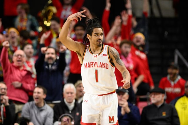 Maryland guard Rodney Rice (1) gestures after sinking a three-point basket during the first half of an NCAA college basketball game against Southern California, Thursday, Feb. 20, 2025, in College Park, Md. (AP Photo/Nick Wass)