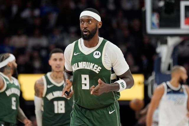 Bucks forward Bobby Portis gestures after making a shot against the Timberwolves on Feb. 12, 2025, in Minneapolis. (AP Photo/Abbie Parr)