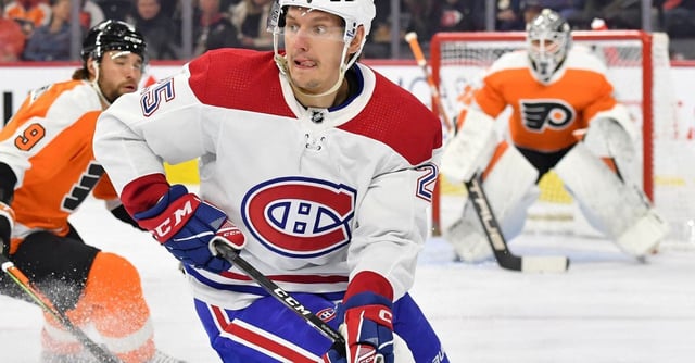 Mar 28, 2023; Philadelphia, Pennsylvania, USA; Montreal Canadiens right wing Denis Gurianov (25) against the Philadelphia Flyers at Wells Fargo Center. Mandatory Credit: Eric Hartline-USA TODAY Sports/File Photo