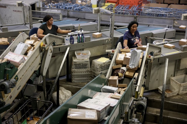 U.S. Postal Service mail handlers sort packages at the Royal Palm Processing and Distribution Center on December 17, 2024, in Opa Locka, Florida.