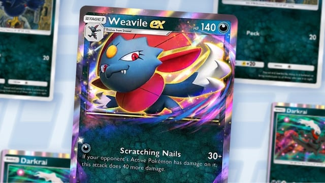 A Weavile ex card with multiple Darkness-type Pokémon cards in the background in Pokémon TCG Pocket.
