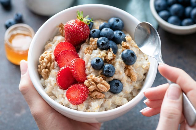A file photo of a breakfast including strawberries, blueberries and walnuts.