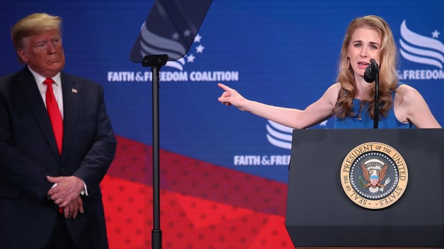 WASHINGTON, DC - JUNE 26: Cancer activist Natalie Harp speaks after being called on stage by U.S. President Donald Trump during the Faith &amp; Freedom Coalition 2019 Road To Majority Policy Conference at the Marriott Wardman Park Hotel, on June 26, 2019 in Washington, DC. (Photo by Mark Wilson/Getty Images)
