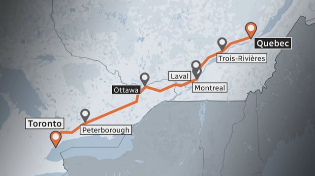 A map of the Toronto-Quebec high-speed rail corridor proposed by Prime Minister Justin Trudeau.