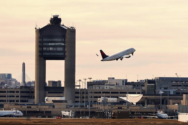 A Delta airplane takes off from Boston Logan International Airport in 2023.