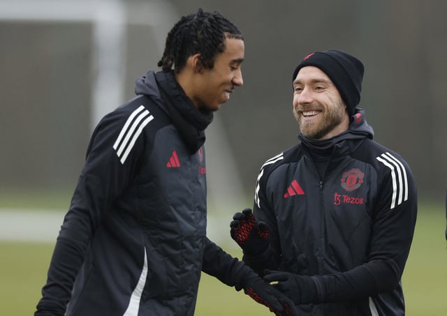 Soccer Football - Europa League - Manchester United Training - Trafford Training Centre, Carrington, Britain - January 22, 2025 Manchester United's Leny Yoro and Christian Eriksen during training Action Images via Reuters/Jason Cairnduff/File Photo