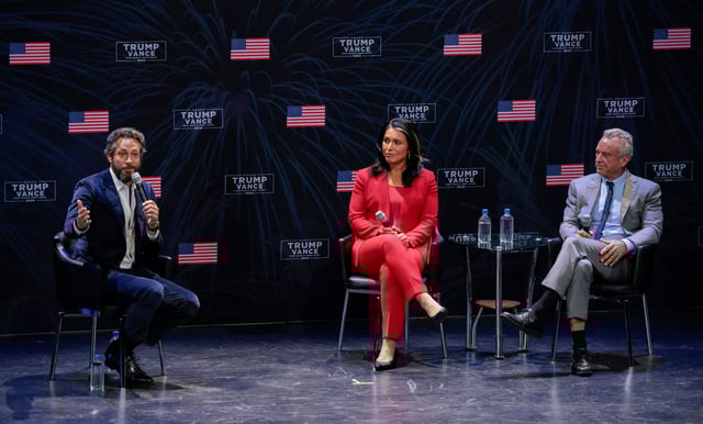 Zachary Levi (left) moderates a discussion with Tulsi Gabbard and Robert F. Kennedy Jr. for then-presidential nominee Donald Trump in Dearborn, Michigan, on Sept. 28, 2024.