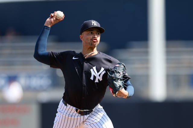 Feb 14, 2025; Tampa, FL, USA; New York Yankees relief pitcher Devin Williams (38) participates in spring training workouts at George M. Steinbrenner Field. Mandatory Credit: Nathan Ray Seebeck-Imagn Images/File Photo