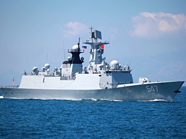 QINGDAO, CHINA - AUGUST 17: CNS Linyi, a Type 054A-class guided-missile frigate from the North Sea Fleet of the People's Liberation Army Navy, participates in the Sea Cup contest, a competition among surface ships and part of the International Army Games 2022, on August 17, 2022 in Qingdao, Shandong Province of China. (Photo by Li Chun/China News Service via Getty Images)