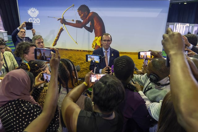 Norway's foreign minister Espen Barth Eide speaks with reporters after the G20 foreign ministers meeting in Johannesburg, South Africa, Friday, Feb. 21, 2025. (AP Photo/Jerome Delay)