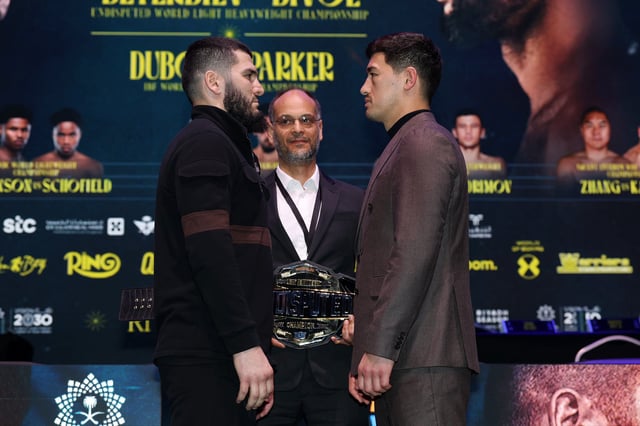 Artur Beterbiev goes head to head with Dmitry Bivol during The Last Crescendo press conference on January 13, 2025 in London, England.