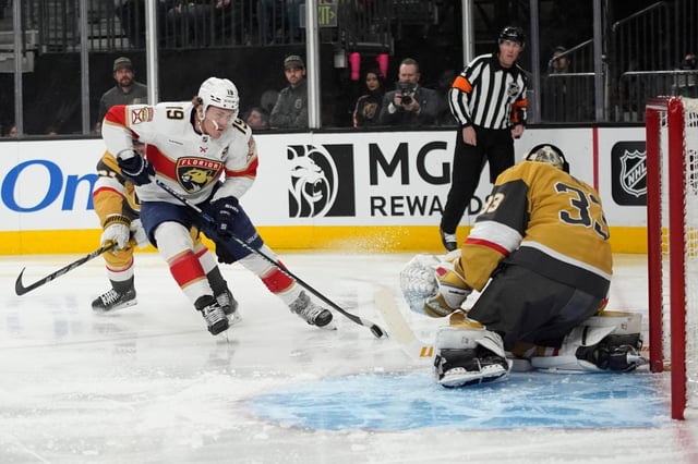 Florida Panthers left wing Matthew Tkachuk (19) shoots against Vegas Golden Knights goaltender Adin Hill (33) on Jan. 26 in Las Vegas. Tkachuk will likely miss Florida&#39;s game against Seattle on Saturday, coach Paul Maurice said.  (AP Photo/John Locher)