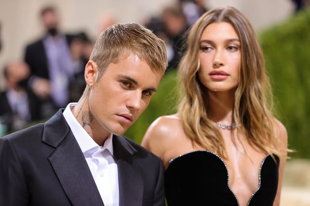 Justin and Hailey Bieber attend The 2021 Met Gala Celebrating In America: A Lexicon Of Fashion at Metropolitan Museum of Art on September 13, 2021 in New York City.