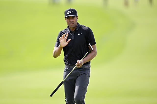 LA JOLLA, CALIFORNIA - FEBRUARY 16: Tony Finau of the United States reacts after making birdie on the sixth green during the final round of The Genesis Invitational 2025 at Torrey Pines Golf Course on February 16, 2025 in La Jolla, California.