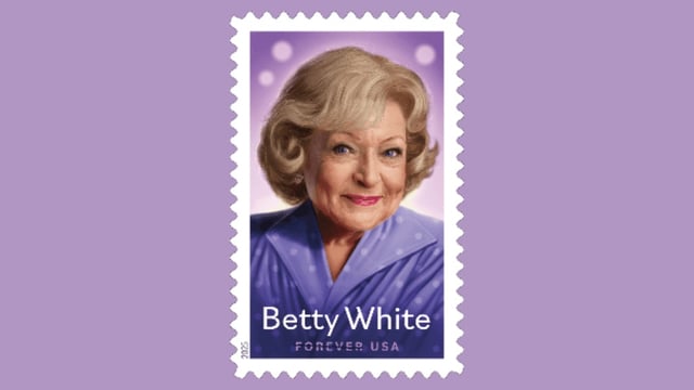 The US Postal Service said in a news release the stamp will commemorate Betty White&#39;s &#34;warmth, wit and charisma.&#34; An image shows her wearing a purple polka-dotted blouse against a violet-colored background with &#34;FOREVER USA&#34; printed below her name. (USPS)