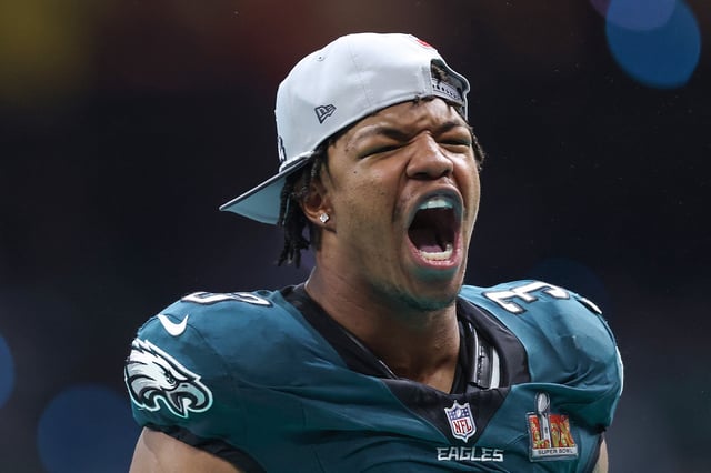 NEW ORLEANS, LOUISIANA - FEBRUARY 09: Nolan Smith Jr. #3 of the Philadelphia Eagles celebrates after beating the Kansas City Chiefs 40-22 to win Super Bowl LIX at Caesars Superdome on February 09, 2025 in New Orleans, Louisiana.