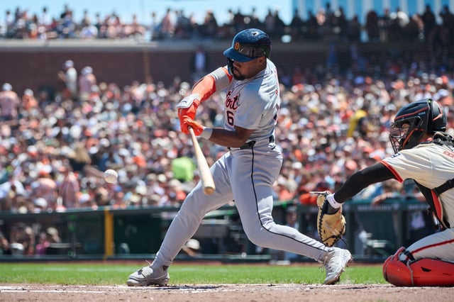 Aug 10, 2024; San Francisco, California, USA; Detroit Tigers outfielder Akil Baddoo (60) hits a single against the San Francisco Giants  during the fourth inning at Oracle Park. Mandatory Credit: Robert Edwards-USA TODAY Sports/File Photo