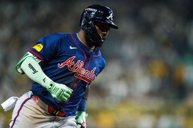 ATLANTA, GA - OCTOBER 02: Michael Harris II #23 of Atlanta Braves celebrates after hitting a home run in the eighth inning during Game Two of the National League Wild Card Series against the San Diego Padres at Petco Park on October 2, 2024 in San Diego California.