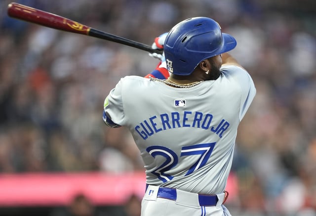 SAN FRANCISCO, CALIFORNIA - JULY 10: Vladimir Guerrero Jr. #27 of the Toronto Blue Jays bats against the San Francisco Giants in the top of the six inning at Oracle Park on July 10, 2024 in San Francisco, California.