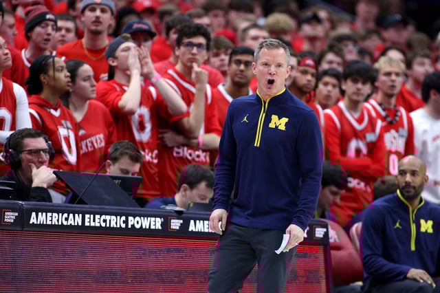Feb 16, 2025; Columbus, Ohio, USA;  Michigan Wolverines head coach Dusty May reacts to a call during the first half against the Ohio State Buckeyes at Value City Arena. Mandatory Credit: Joseph Maiorana-Imagn Images/File Photo