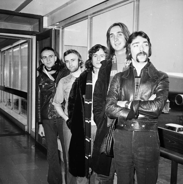 British rock group Genesis, (from left) Peter Gabriel, Phil Collins, Tony Banks, Mike Rutherford and Steve Hackett at London Airport on Feb. 27, 1974.