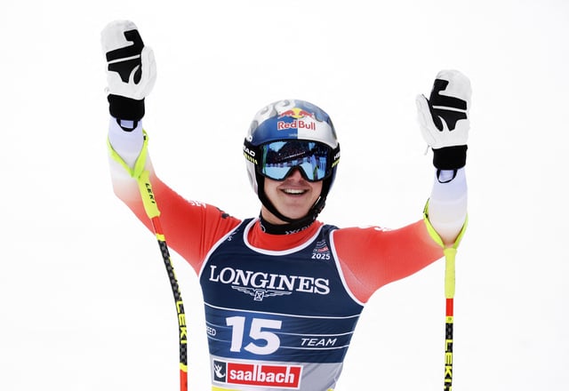 Alpine Skiing - FIS Alpine World Ski Championships - Men's Team Combined - Saalbach, Austria - February 12, 2025 Switzerland's Franjo von Allmen reacts after their run REUTERS/Leonhard Foeger/File Photo
