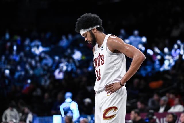 Feb 20, 2025; Brooklyn, New York, USA; Cleveland Cavaliers center Jarrett Allen (31) during the first half against the Brooklyn Nets at Barclays Center. Mandatory Credit: John Jones-Imagn Images/File Photo