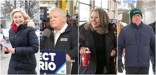 A composite image made from four file photographs show, from left to right, Ontario Liberal Party Leader Bonnie Crombie in Mississauga, Ont., Saturday, Feb. 8, 2025; Ontario Progressive Conservative Party Leader Doug Ford in Toronto, Friday, Feb. 7, 2025; Leader of the Ontario NDP Marit Stiles in Sault Ste. Marie, Ont., Friday, Feb. 7, 2025; and Ontario Green Party Leader Mike Schreiner in Kitchener, Ont., Monday, Feb. 3, 2025. THE CANADIAN PRESS/Nathan Denette