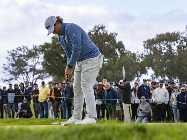 Jan 25, 2025; San Diego, California, USA; Aldrich Potgieter putts on the sixth green during the final round of the Farmers Insurance Open golf tournament at Torrey Pines Municipal Golf Course - South Course. Mandatory Credit: Abe Arredondo-Imagn Images/File Photo