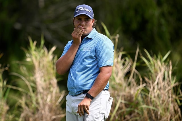 Aldrich Potgieter of South Africa reacts after a shot on the way t a one-shot lead through 54 holes at the PGA Tour Mexico Open
