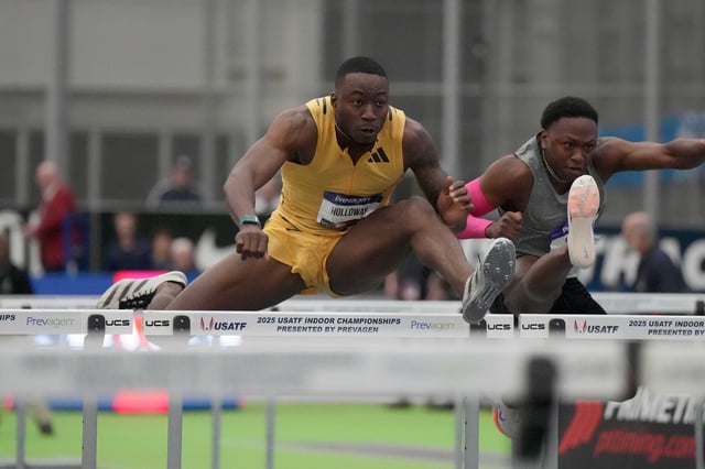 Feb 22, 2025; Staten Island, NY, USA; Grant Holloway wins the 60m hurdles in 7.36 during the USATF Indoor Championships at Ocean Breeze Athletic Complex. Mandatory Credit: Kirby Lee-Imagn Images