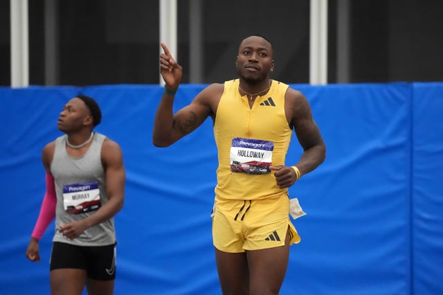 Feb 22, 2025; Staten Island, NY, USA; Grant Holloway reacts after winning the 60m hurdles in 7.36 during the USATF Indoor Championships at Ocean Breeze Athletic Complex. Mandatory Credit: Kirby Lee-Imagn Images