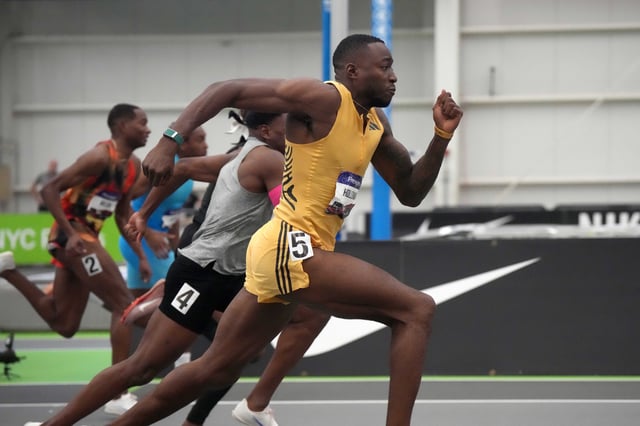 Feb 22, 2025; Staten Island, NY, USA; Grant Holloway wins the 60m hurdles in 7.36 during the USATF Indoor Championships at Ocean Breeze Athletic Complex. Mandatory Credit: Kirby Lee-Imagn Images