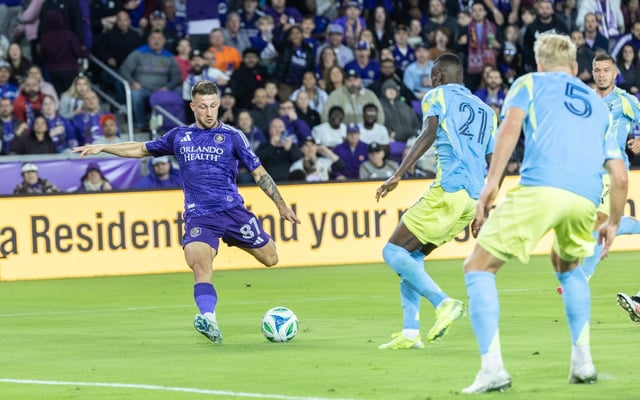 Orlando City forward Marco Pašalić (87)  shoots and scores during the regular season home opener for Orlando City against the Philadelphia Union at the Inter &amp; Co Stadium in Orlando, Fla., Saturday, Feb. 22, 2025. (Willie J. Allen Jr./Orlando Sentinel)