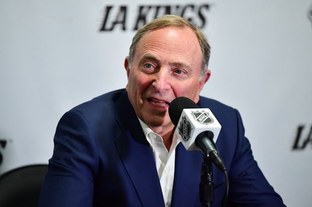 Feb 22, 2025; Los Angeles, California, USA; NHL commissioner Gary Bettman speaks during media availabilities before the Los Angeles Kings play against the Utah Hockey Club at Crypto.com Arena. Mandatory Credit: Gary A. Vasquez-Imagn Images