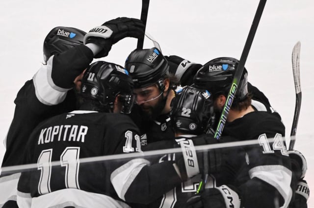 Kevin Fiala #22 of the Los Angeles Kings celebrates with teammates after scoring against the Utah Hockey Club during the second period of a NHL hockey game at Crypto.com Arena in Los Angeles on Saturday, Feb. 22, 2025. (Photo by Keith Birmingham, Orange County Register/ SCNG)