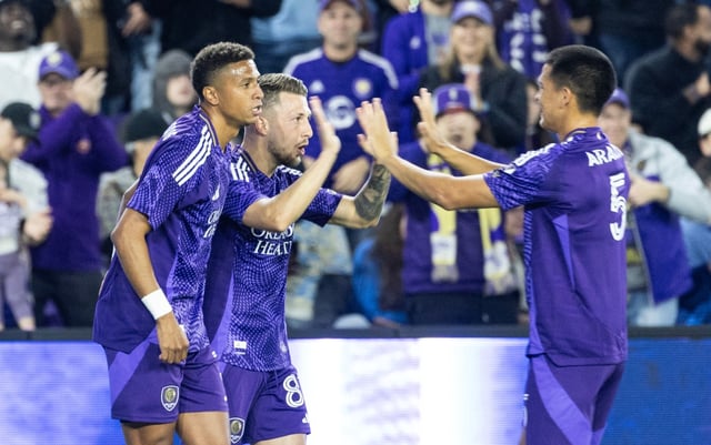 Orlando City forward Marco Pašalić (87) celebrates his goal with teammates during the regular season home opener for Orlando City against the Philadelphia Union at the Inter &amp; Co Stadium in Orlando, Fla., Saturday, Feb. 22, 2025. (Willie J. Allen Jr./Orlando Sentinel)