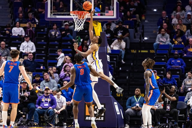 Feb 22, 2025; Baton Rouge, Louisiana, USA;  LSU Tigers forward Robert Miller III (6) drives to the basket against Florida Gators center Rueben Chinyelu (9) during the second half at Pete Maravich Assembly Center. Mandatory Credit: Stephen Lew-Imagn Images