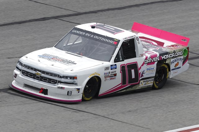 Jennifer Jo Cobb, driver of the #10 Newnan Peachtree Dodge Chevrolet, drives during the NASCAR Gander Outdoors Truck Series Vet Tix Camping World 200 at Atlanta Motor Speedway on June 06, 2020 in Hampton, Georgia.